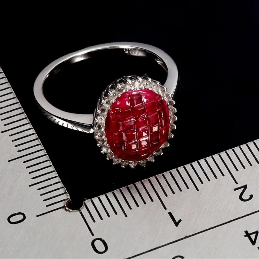 Natural Ruby Princess Cut Halo Ring White Topaz Accent in 925 Silver Size 7